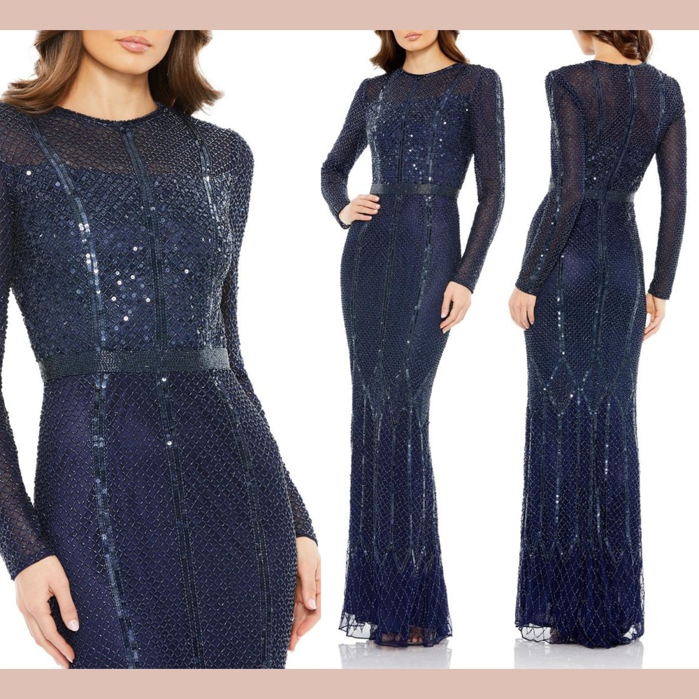 NWT Mac Duggal [ 12 ] 5607 Embellished‎ Long Sleeve Gown in Midnight Blue #S1874
